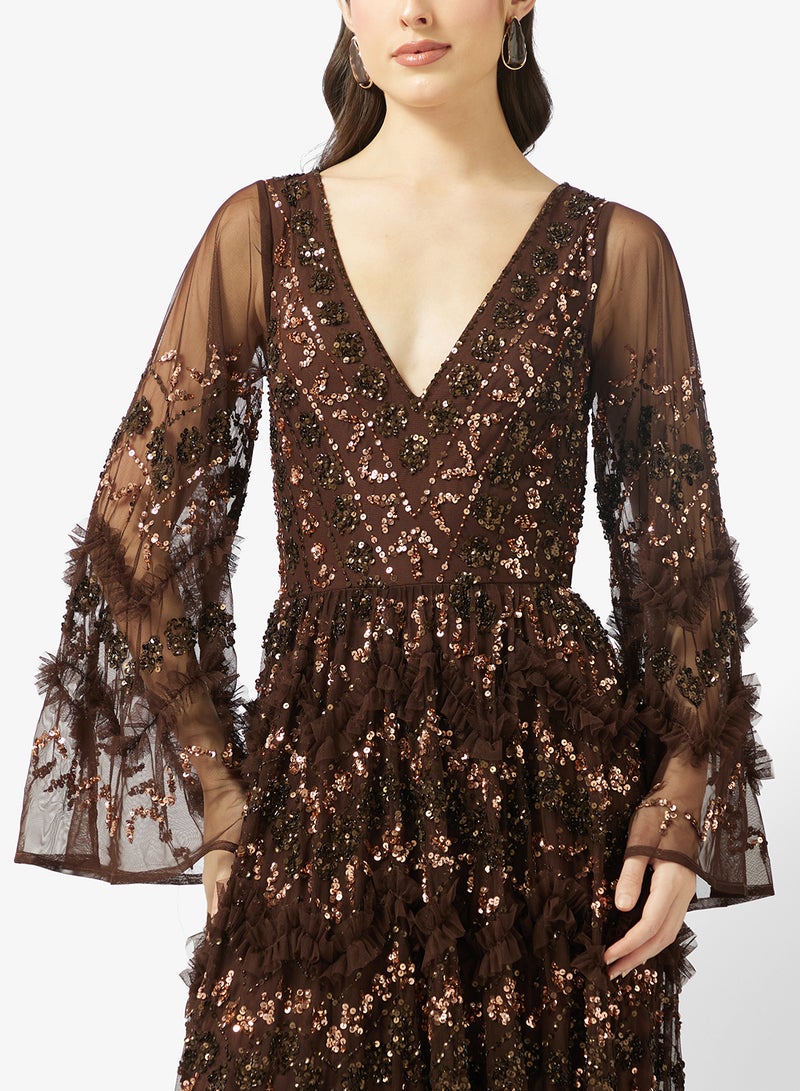 مايا فستان ماكسي طويل الأكمام مزين بكشكشة فاخرة - Image 3